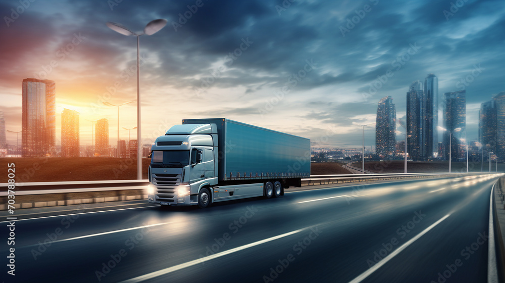 Speedy Delivery: Truck Zooming on the Highway in a Modern City Speedy Delivery: Truck Zooming on the Highway in a Modern City