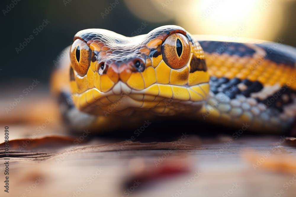 Fototapeta premium sun reflecting on garter snakes eyes in close-up