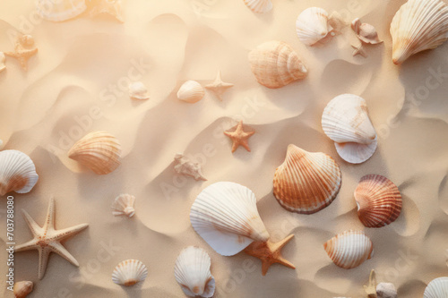 Seashells on the sand on the beach. AI generative.