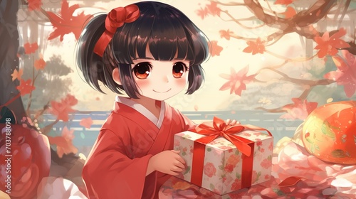 A young anime girl with long brown hair is holding a large gift and smiling. Chinese new year concept