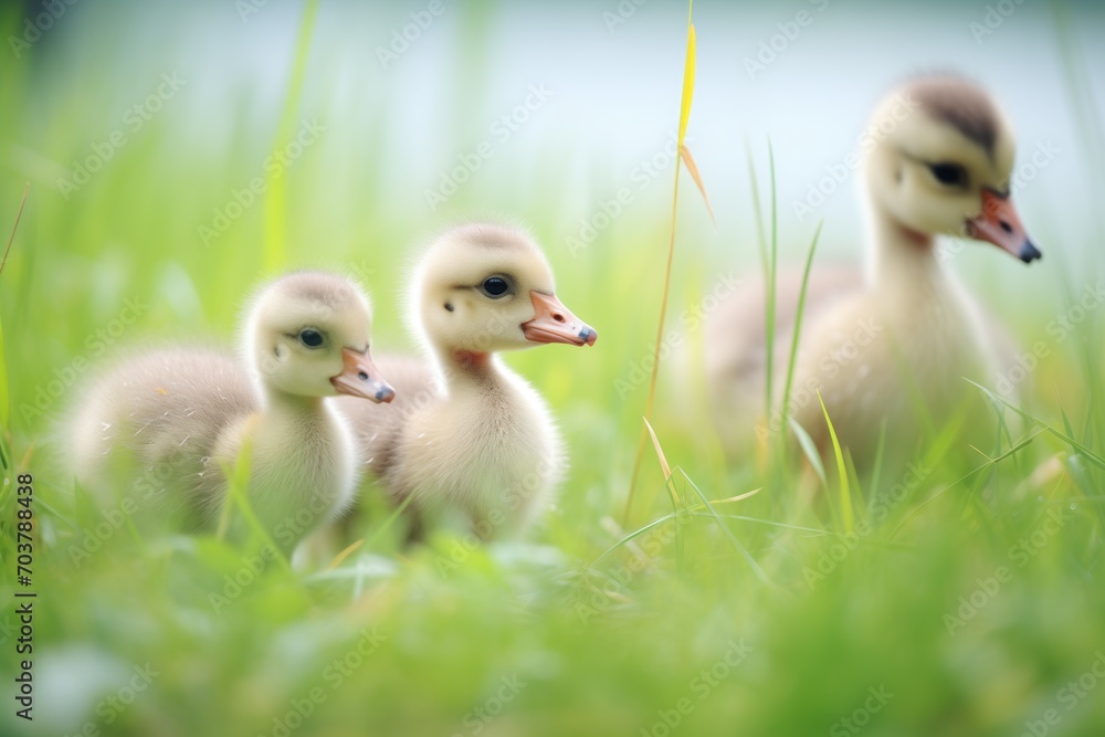 goslings following mother goose on grass