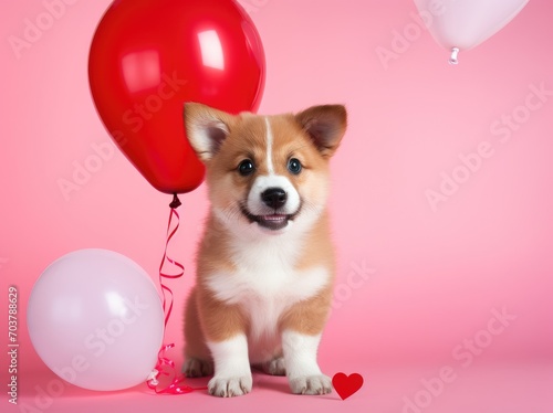 Valentine's Day concept with a cute puppy dog holding a love heart balloon. Generative AI © Gelpi