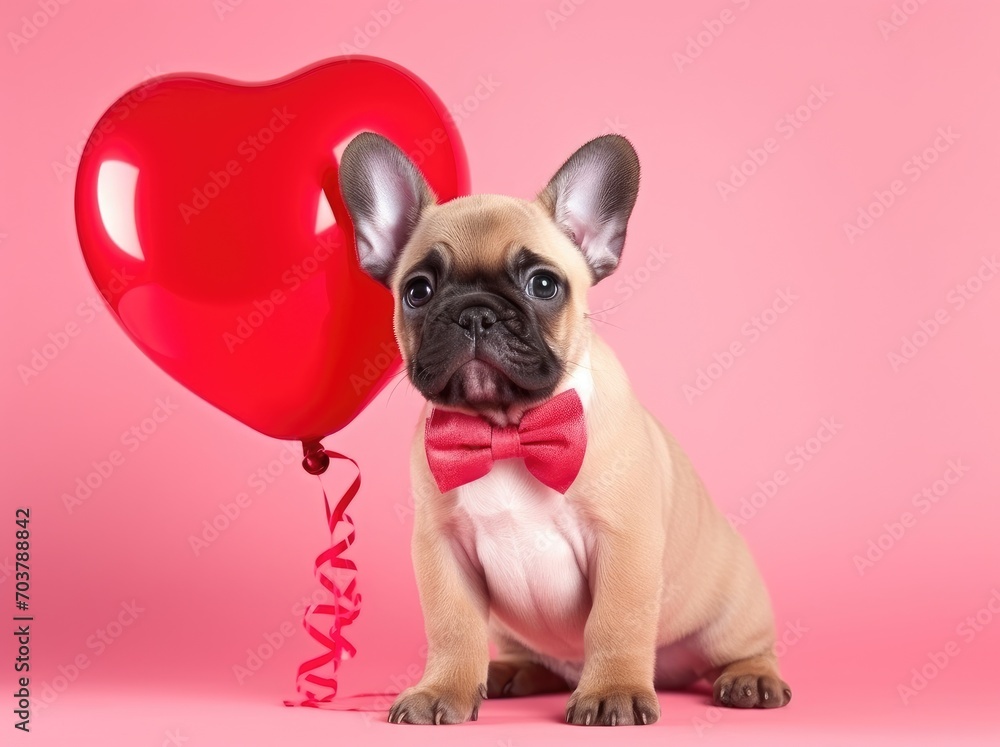 Valentine's Day concept with a cute puppy dog holding a love heart balloon. Generative AI