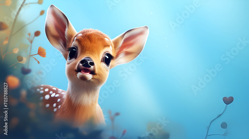 Young bambi deer, roe deer, beautiful, light brown with white spots, huge eyes
