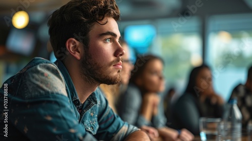 A young man listen carefully of young entrepreneurs listening to a presentation in meeting in office