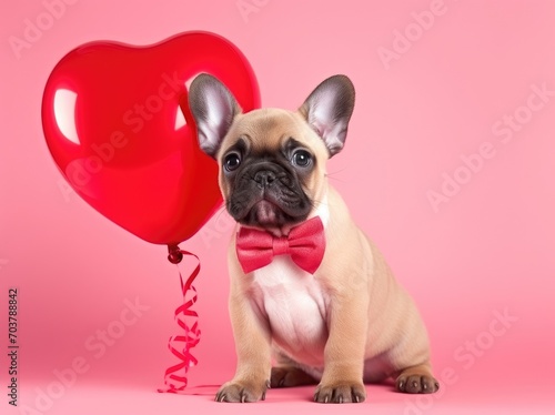 Valentine's Day concept with a cute puppy dog holding a love heart balloon. Generative AI © Gelpi