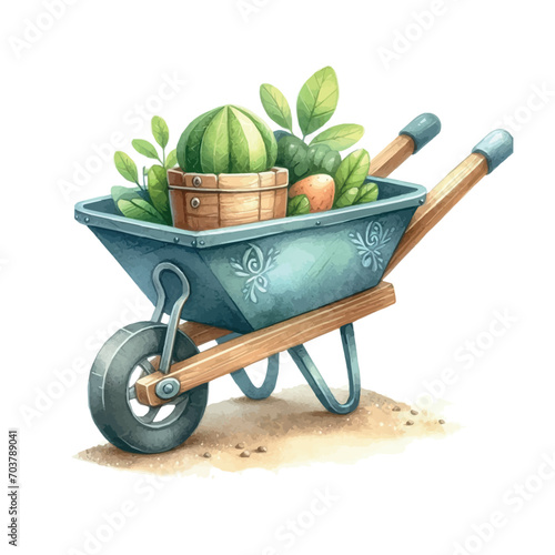 garden wheelbarrow with flowers. watercolor illustration of a garden wheelbarrow on a white background.