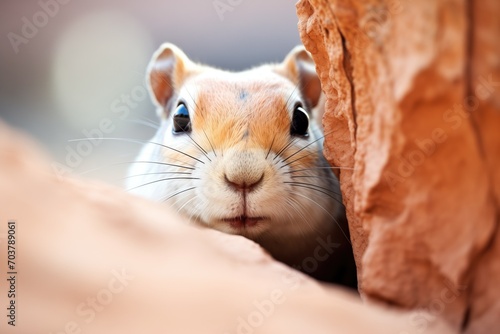 gerbil peeking through a hole in a rock slab