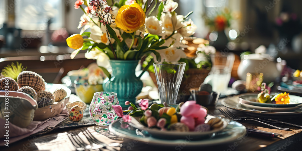 Easter brunch table with a focus on a festive centerpiece.