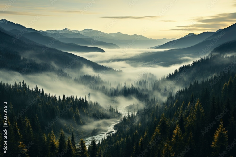 A misty mountain retreat surrounded by a fir forest, creating an atmospheric and serene landscape with nature's beauty veiled in ethereal fog.