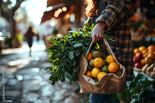 A cheerful woman, laden with a reusable eco-bag, navigates the vibrant vegetable market, carefully selecting fresh and wholesome groceries for her sustainable and healthy lifestyle. photo