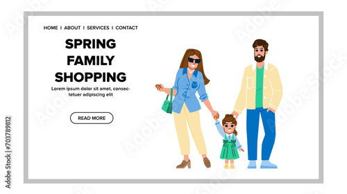 happy spring family shopping vector. luxury summer, child cream, cafe street happy spring family shopping web flat cartoon illustration