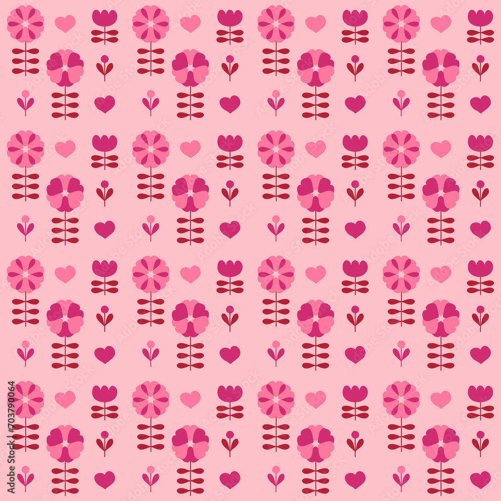 Delicate romantic floral seamless pattern with tulips and hearts. Valentine print for tee, paper, fabric, textile. Hand drawn illustration for decor and design.