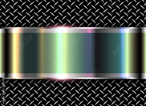Metallic silver background with opalescent pearl colors, chrome metal background with diamond pattern iridescence texture.