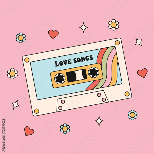 Retro poster Groovy cassette for Valentine s Day.  For February 14th card  banners  websites  flyers  posters. Vector trendy illustration.