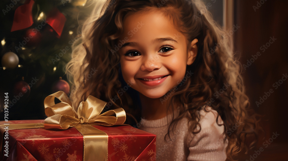 Joyful Gift: Little Girl Embraces the Holiday Spirit with Christmas Joy Joyful Gift: Little Girl Embraces the Holiday Spirit with Christmas Joy