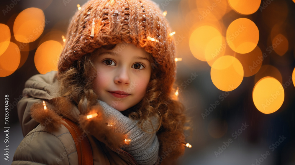 Twinkle in Her Eyes: Charming Little Girl Poses with Christmas Lights Twinkle in Her Eyes: Charming Little Girl Poses with Christmas Lights