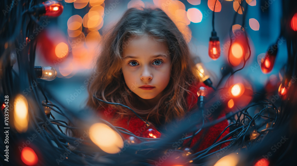 Festive Gaze: Little Girl with Christmas Lights, Captivating the Camera Festive Gaze: Little Girl with Christmas Lights, Captivating the Camera