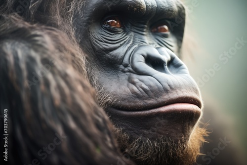 close-up of gorilla face with mist backdrop