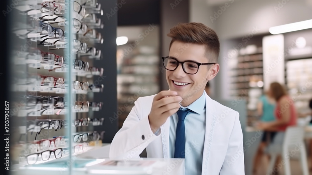 Fototapeta premium Clear Sight Ahead: Ophthalmologist and Happy Boy Selecting Glasses in Optics Store