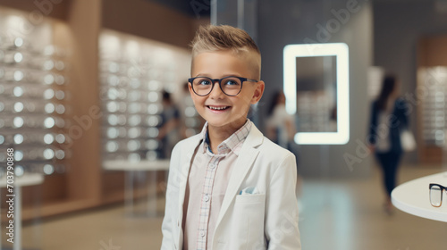 Clear Sight Ahead: Ophthalmologist and Happy Boy Selecting Glasses in Optics Store