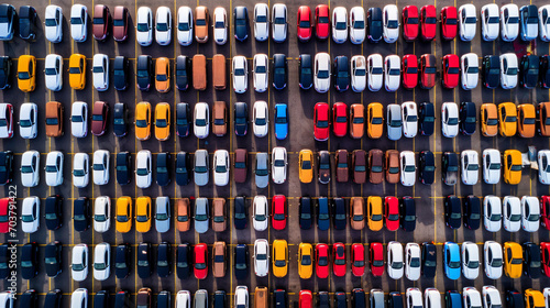 Car and manufacturing industry. Aerial view above new cars ready for export.