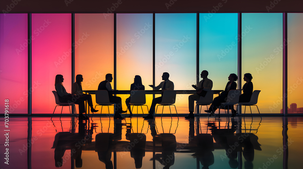 Silhouettes of many people in a meeting room along with a colorful window behind them