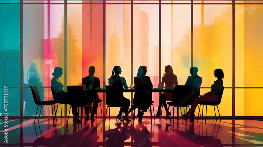 Silhouettes of several people in a meeting room along with a colorful window behind them Silhouettes of several people in a meeting room along with a colorful window behind them
