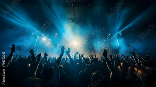 Live night club crowd cheering, stage lights and confetti falling all over