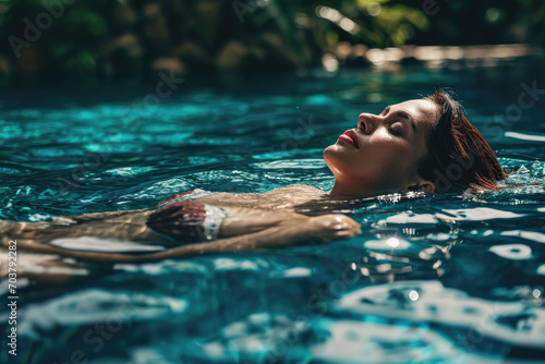 Beautiful young women relaxing in spa swimming pool