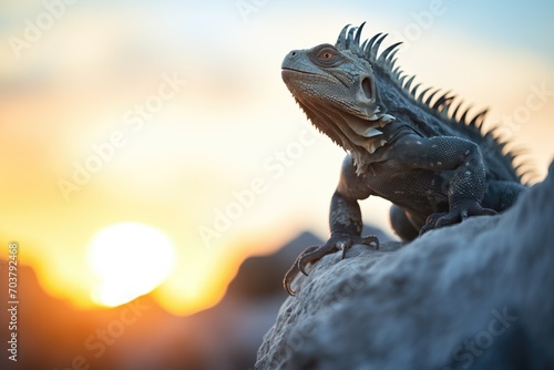 silhouette of an iguana on a rock at sunset