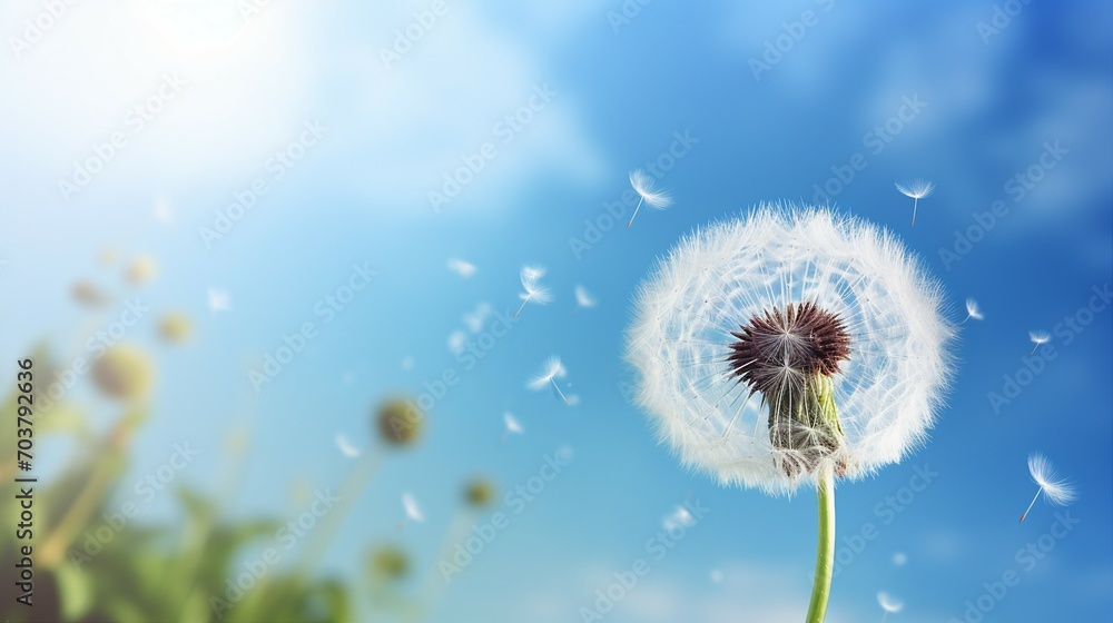 Close-Up Macro Shot of Delicate Dandelion Spores Blowing in the Wind - Nature's Fluffy Seed Dance in Summer Meadow