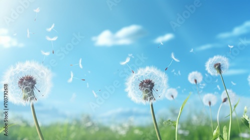 Close-Up Macro Shot of Delicate Dandelion Spores Blowing in the Wind - Nature s Fluffy Seed Dance in Summer Meadow