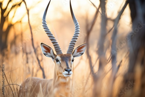sun filtering through horns of impala at golden hour photo