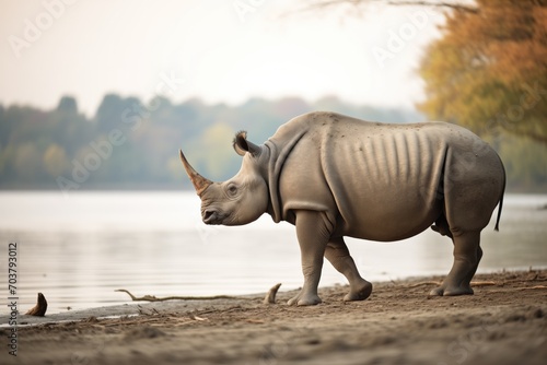 side view of a rhino walking along a riverbank
