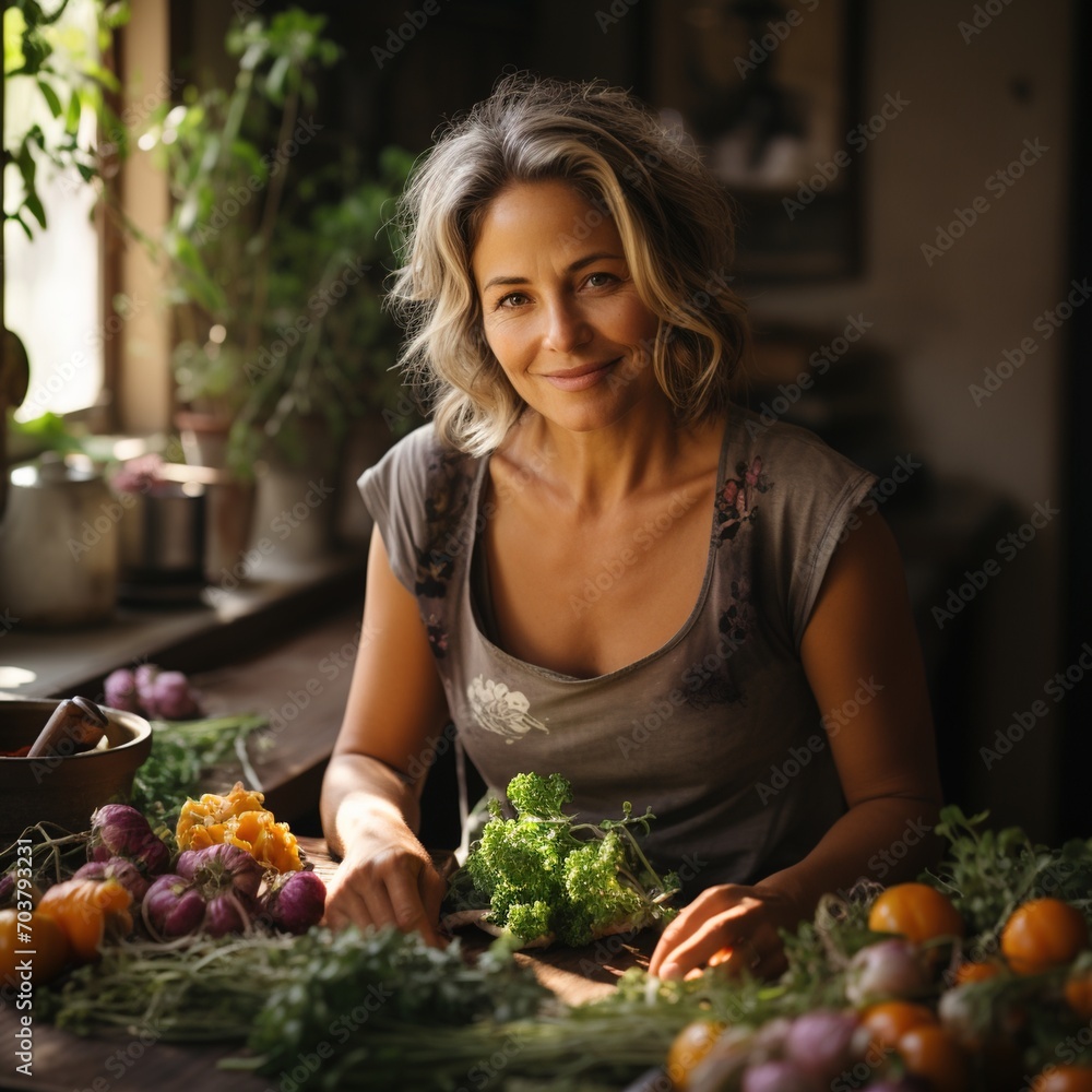 Portrait of a smiling middle-aged woman with short blonde hair in a gray shirt sitting at a wooden table with a variety of colorful vegetables and herbs