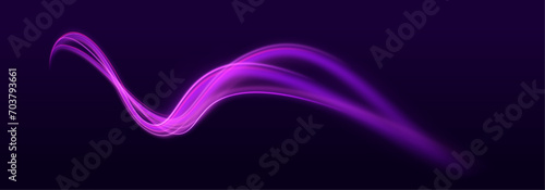 Light line neon swirl effect. Vector glitter light fire flare trace. Bokeh glitter round wave flying sparkling flares. Futuristic flying luminous power beam with twinkle. photo