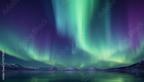 Abstract representation of the Northern Lights with rippling patterns in shades of green, blue, and violet, creating a magical and captivating background.