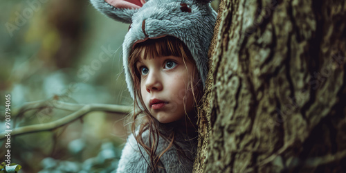 Young girl in a bunny costume, peeking out from behind a tree
