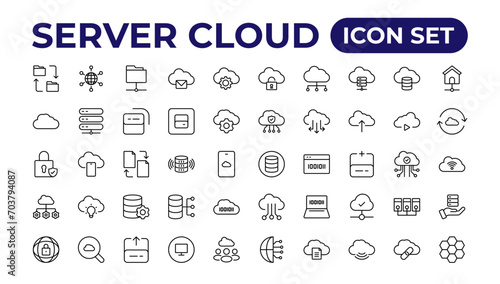 Set of line icons related to cloud computing, cloud services, server, cyber security, digital transformation. Outline icon collection.