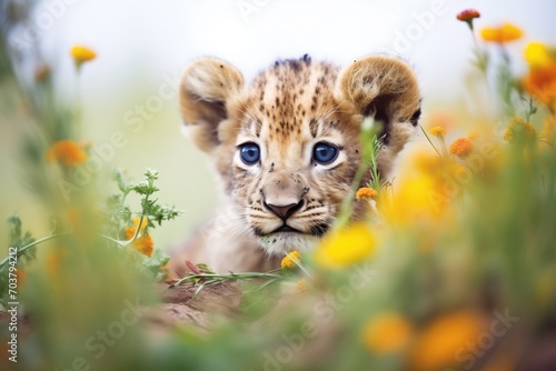 lion cub nestled in a bed of wildflowers
