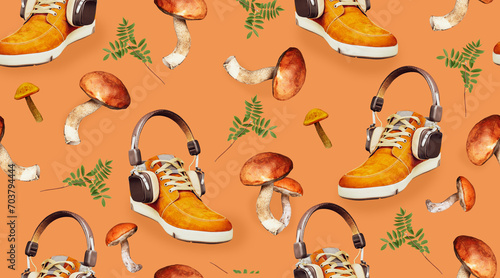Motley pattern with edible autumn mushrooms and boots
