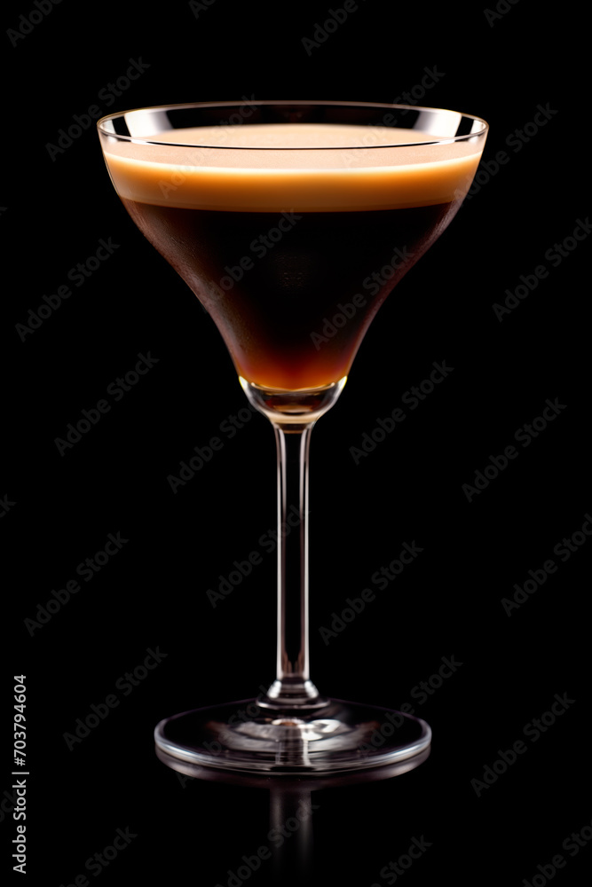 Espresso martini cocktail isolated on black background. Cocktail with with vodka, coffee liqueur, cream and ice Espresso martini cocktail isolated on black background. Cocktail with with vodka, coffee liqueur, cream and ice