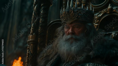 An old fantasy king with a huge grey beard sitting on an iron throne in a palace close-up animation photo