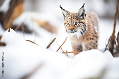 high angle of lynx in snowy labyrinth
