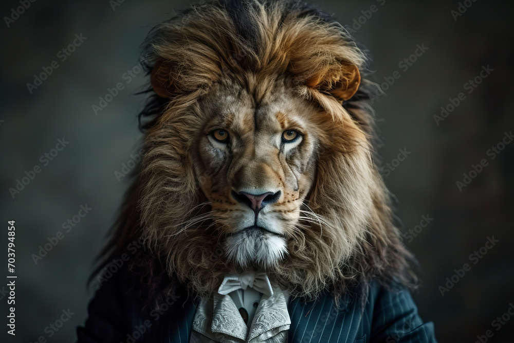Portrait of a lion in a suit on a dark background.