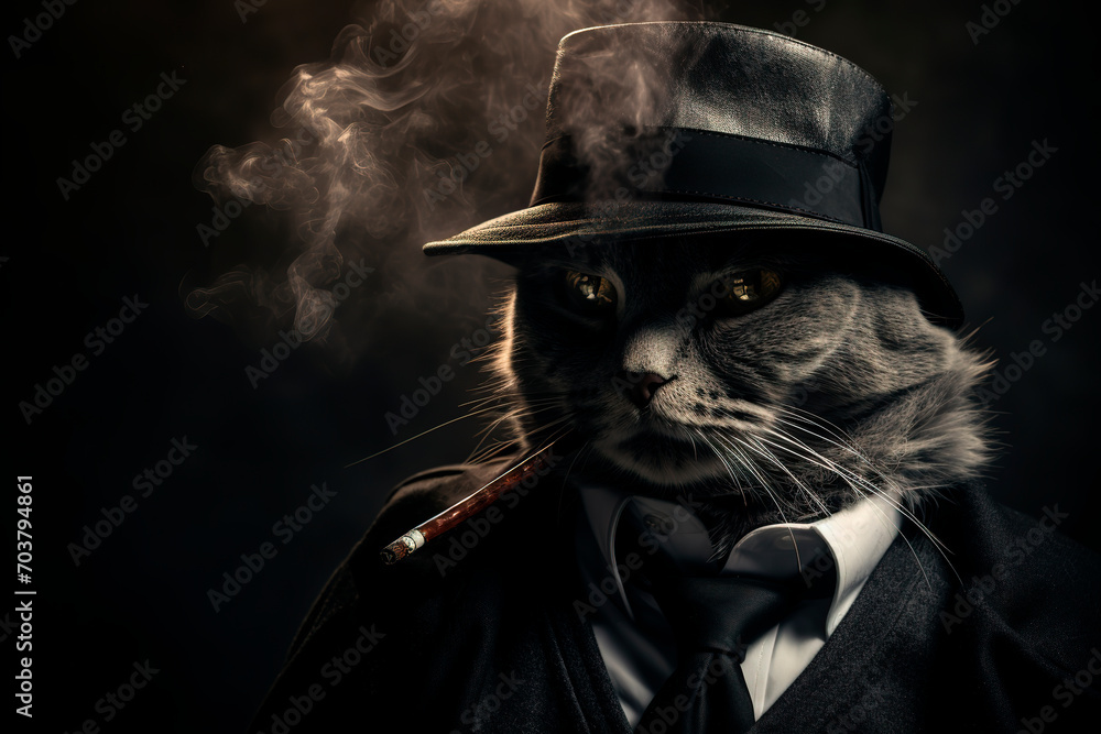 A cat in a tuxedo smoking a cigarette. Generative AI 