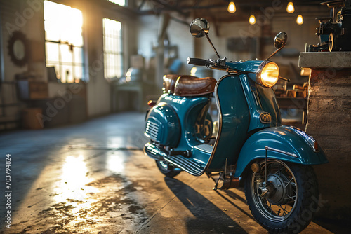 Vintage classic scooter parked in the garage at sunset light. photo