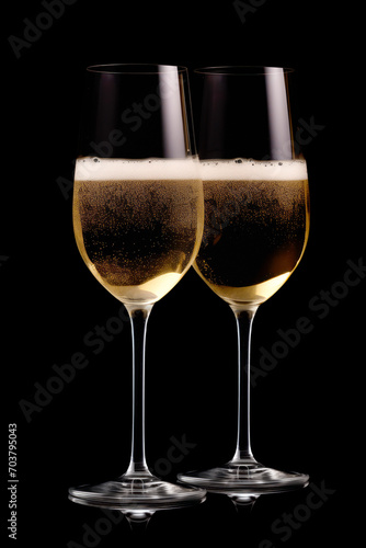 Pair crystal-clear flute glass of champagne isolated on black background