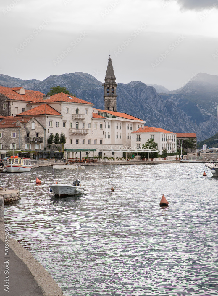 View of the old town and boats in the city of Perast Montenegro